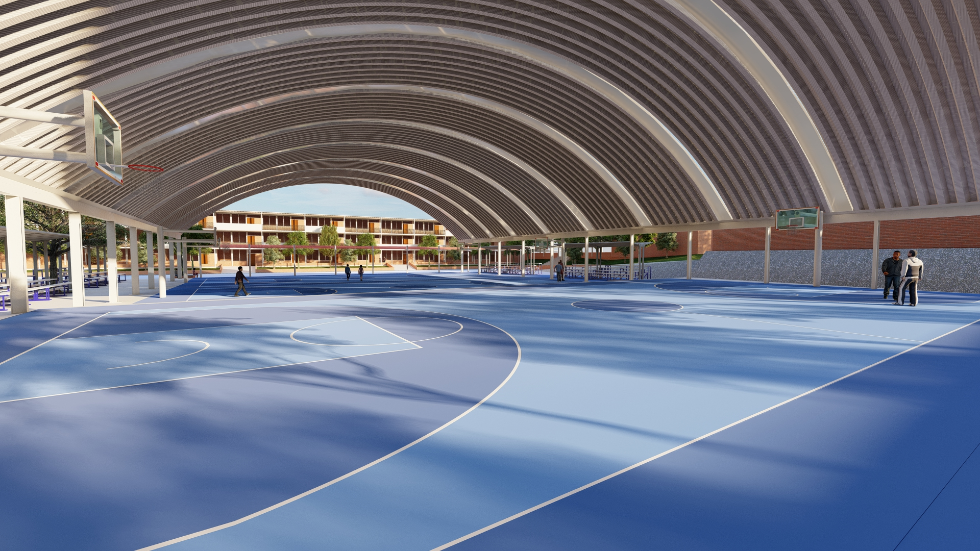 cubierta autosoportante tipo arcotecho en cancha deportiva de basketball vista de frente en instituto mater en monterrey, nuevo leon