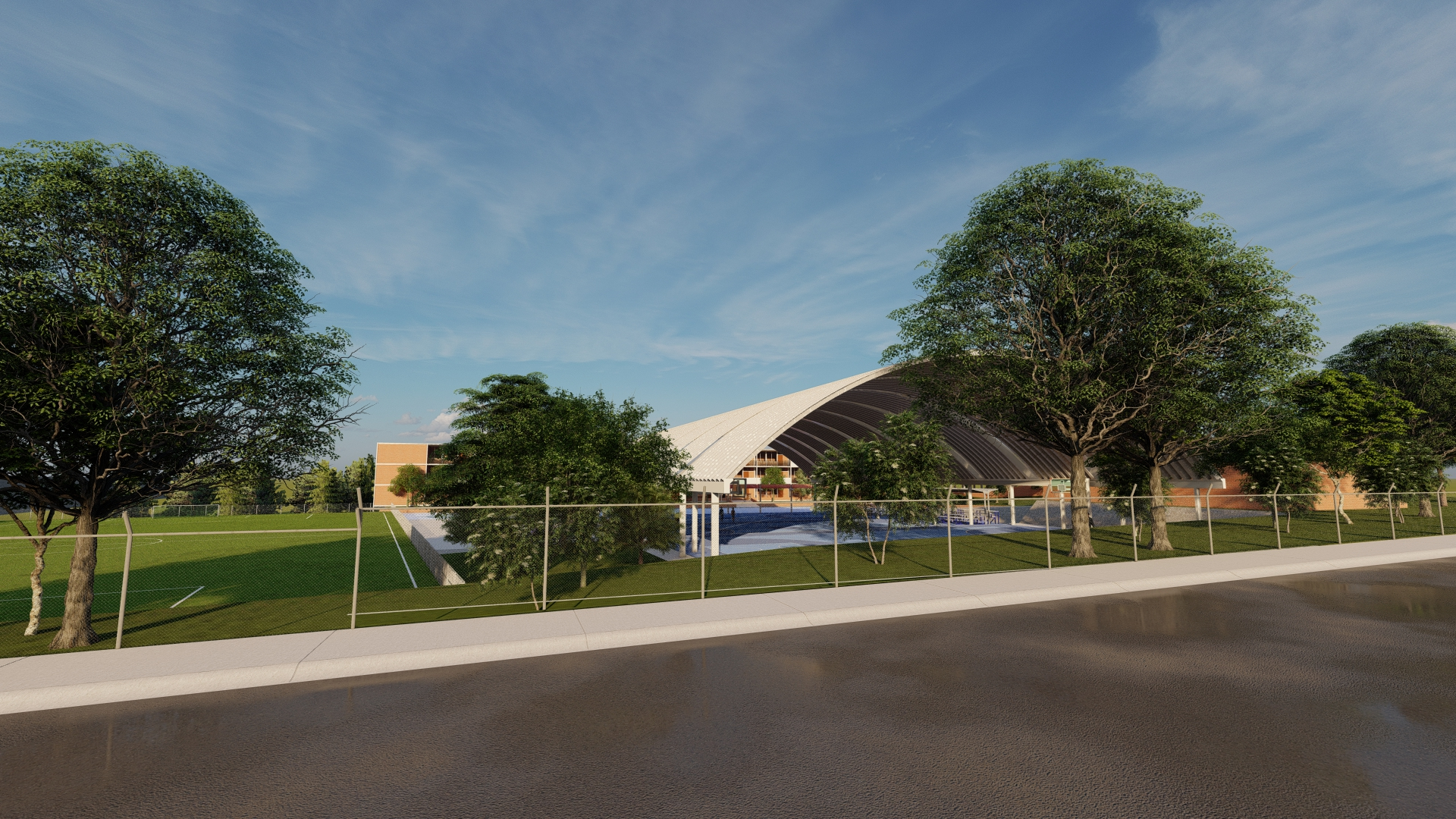 cubierta autosoportante tipo arcotecho en cancha deportiva de basketball en instituto mater en monterrey, nuevo leon