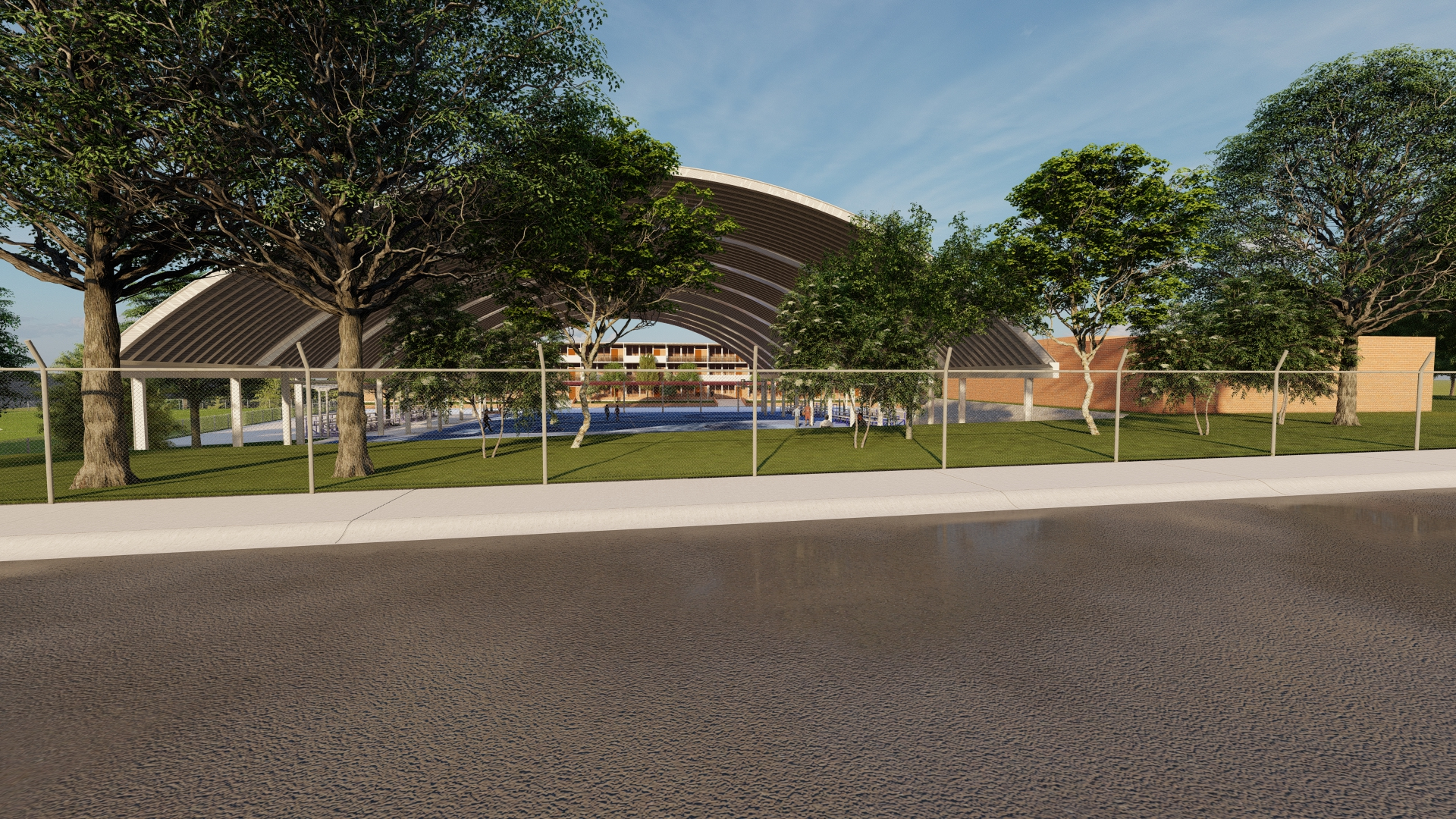 cubierta autosoportante tipo arcotecho en cancha deportiva de basketball vista de frente en instituto mater en monterrey, nuevo leon